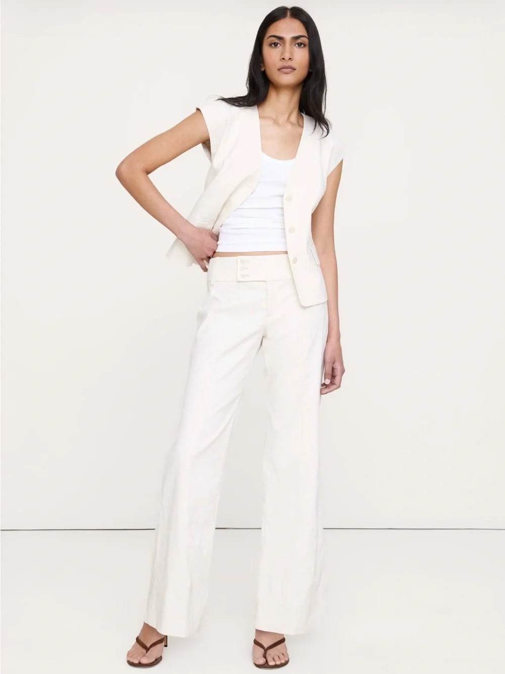 Banana Republic Low-Rise Wide-Leg Stretch Linen Viscose Pant Size 8 Cream White